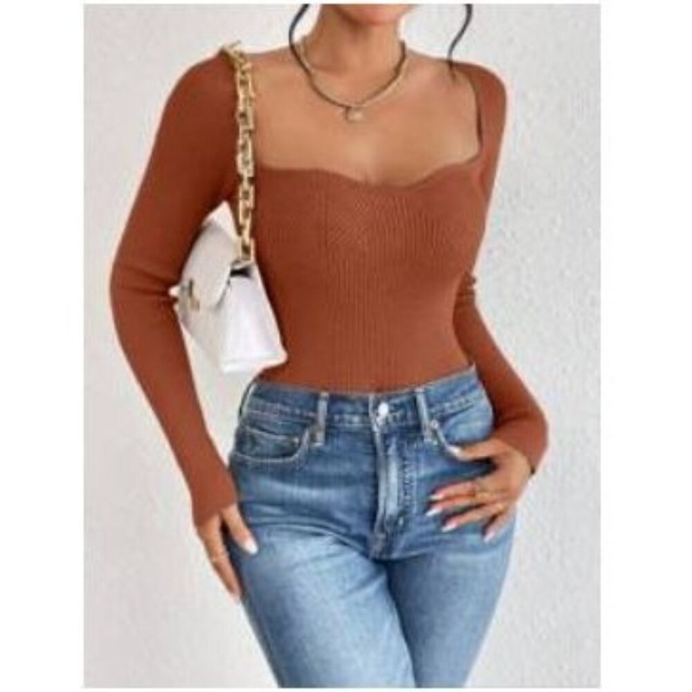 Ribbed Knit Rust Long Sleeve Sweater With Cutout Detail Shein Size S